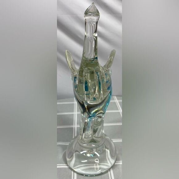 Vtg Art Glass Elephant Trunks Up Clear & Blue On Half Ball Base 5# Figure Statue - Picture 4 of 9